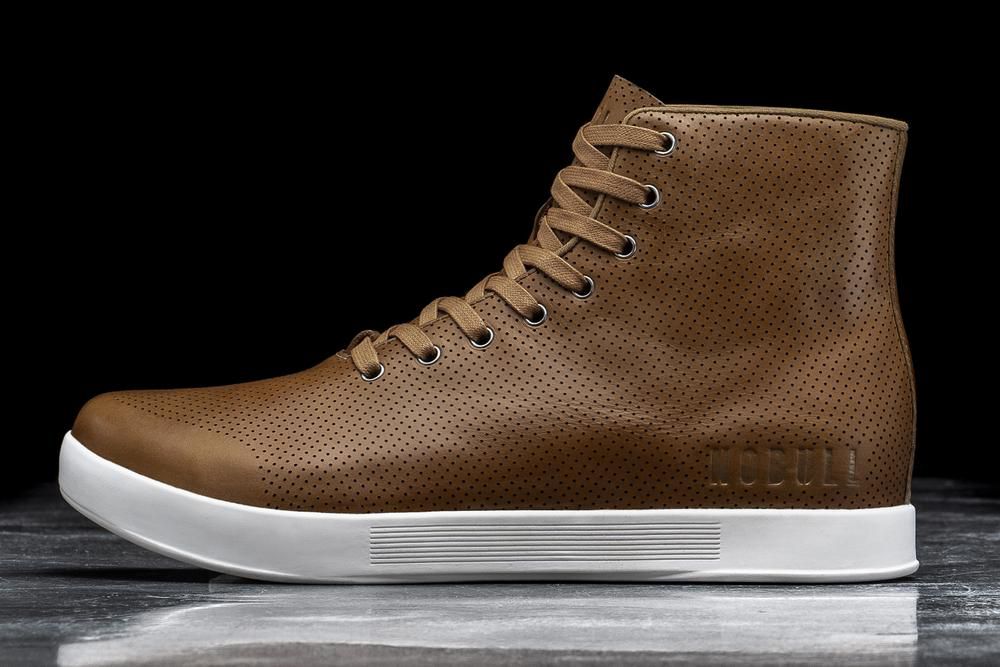 NOBULL High-Top Chestnut Leather Uzun Spor Ayakkabı Erkek - Kahverengi / Beyaz - Turkiye (MIJ-931720